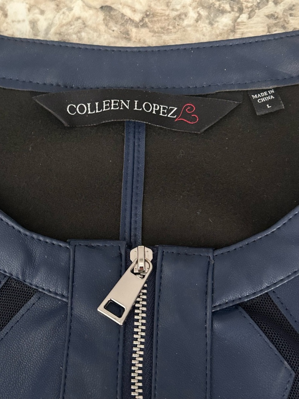 Colleen Lopez Navy Blue Faux Leather & Mesh Diamond Cutout Jacket Size L - Picture 7 of 10